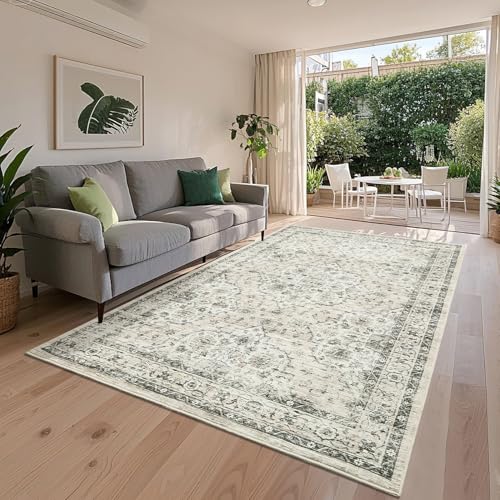 Washable 9x12 Boho Vintage Area Rugs for Living Room Non-Slip Distressed Large Rugs for Bedroom Dining Room Nursery Neutral Oriental Throw Thin Foldab