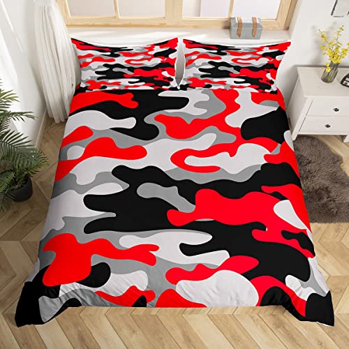 Homemissing Camouflage Housse de Couette 220x240cm Enfants Parure de Lit garçons Filles Adolescents Ensemble de Literie Rouge et Noir