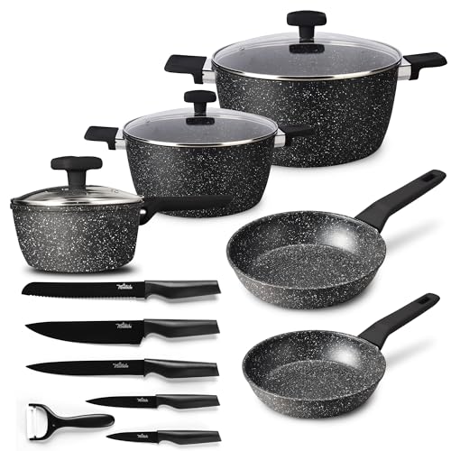 La Moustache - 8-Teiliges Kochgeschirr-Set Onix aus Aluminium mit Antihaftbeschichtetem, 5 Teiliges Messerset mit Sparschäler, Geeignet für Alle Herdarten, Einschließlich Induktion