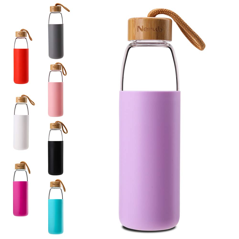 NERUB 18 to 22 OZ BPA FREE Borosilicate Thick Glass Water Bottle with Bamboo Lid - Dishwasher Safe