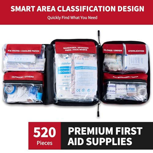 520 Pieces Premium First Aid Kit - Large Emergency Medical Kit for Survival, Car, Home, Travel, Camping, Backpack, Hiking, School (Red) - Image 4