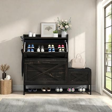DWVO Farmhouse Shoe Cabinet Bench with 2 Flip Drawers for 16 Pairs, Chic Entryway Bench and Rustic Design for Living Rooms and Hallways (Dark Oak)