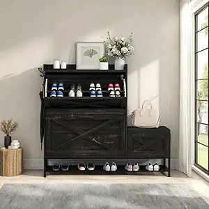 DWVO Farmhouse Shoe Cabinet Bench with 2 Flip Drawers for 16 Pairs, Chic Entryway Bench and Rustic Design for Living Rooms and Hallways (Dark Oak)