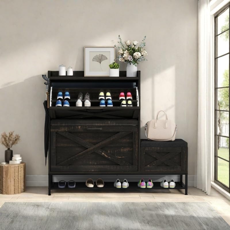 DWVO Farmhouse Shoe Cabinet Bench with 2 Flip Drawers for 16 Pairs, Chic Entryway Bench and Rustic Design for Living Rooms and Hallways (Dark Oak)