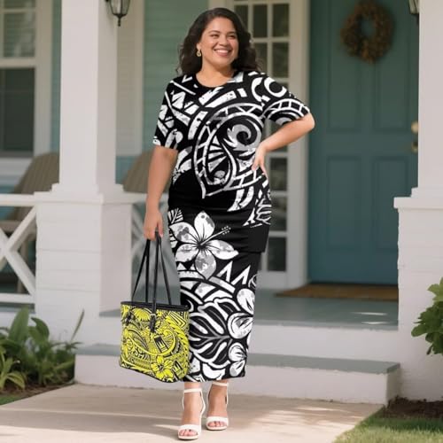 Image of Puletasi Samoan Traditional 2 Piece Outfits for Women Short Sleeve Crop Top and Maxi Skirt Sets Puletasi Dress