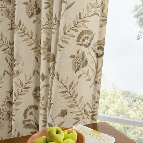Image of Tan Brown Floral Linen Patterned Sheer Curtains 63 Inch Length 2 Panels