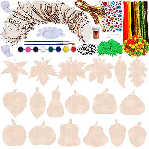Winlyn 72 Sets Hanging Maple Leaf Pumpkins Acorn Wooden Ornaments Decorations Fall Craft Kits Paintable Unfinished Wood Pom-Poms Googly Eyes For Kids Thanksgiving Party Classroom Activity Art Project #TOP7