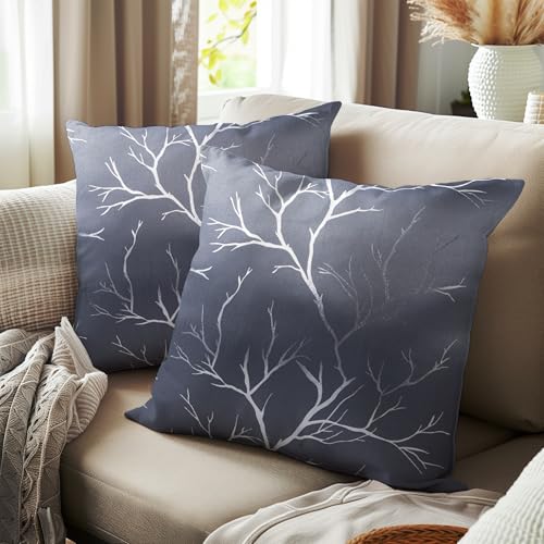 Encasa XO Argenté Housse De Coussin pour Canapé 40x40 cm Brindilles Gris | (Lot de 2) taie oreillers pour Embellir Votre Salon | Uniquement des Housses de...
