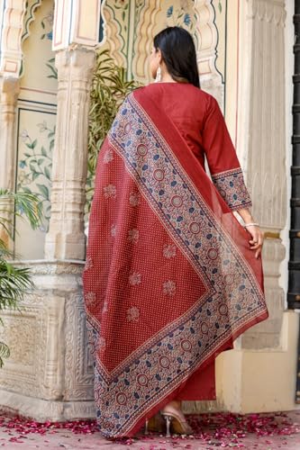 Image of Stylum Women's Ajrakh Printed Cotton A-Line Kurta Pant Dupatta Set