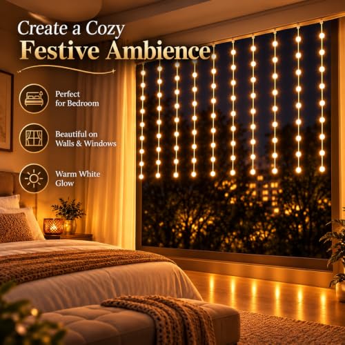 Image of One94Store Ball Curtain Fairy Lights, 80 LED Warm White String Lights with 8 Modes, Hanging Decorative Lights for Home, Bedroom, Wall, Balcony, Diwali, Christmas & Wedding