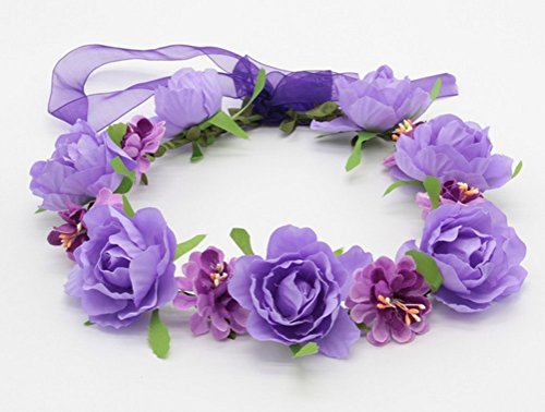 Merroyal Rose Flower Hair Crown Wreath Headband Headdress with Adjustable Ribbon for Weddings Festivals(Purple)