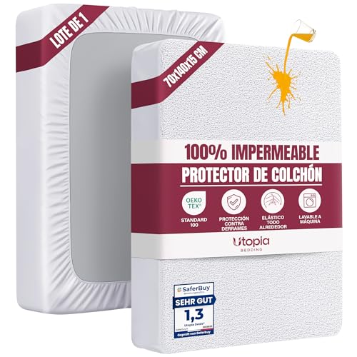 Utopia Bedding Protector Colchón 70 x 140 x 15 cm Impermeable, Certificación Oeko Tex Funda Colchón, Cubre Colchón Transpirable, Elástico En Todo El Contorno