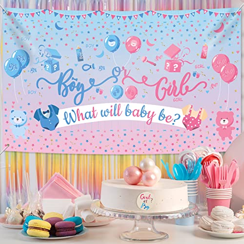 Image of Gender Reveal Decorations - Blue Pink Backdrop for Baby Gender Reveal Party Supplies | Boy or Girl Gender Reveal Banner Baby Shower Decorations What Will Baby Be Photography Photo Backgroud