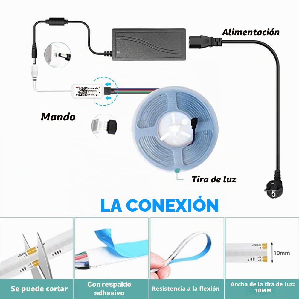 10M WiFi Tira LED COB 24V RGB,576 LED/M Strip Luces que cambian de color con APP controlable y Fuente de Alimentación, Flexible de luces led con Alexa Google Home para Gabinete, Dormitorio, Armario