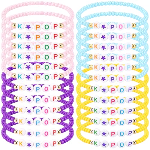 Quelay 24 Pcs K-pop Party Favors K Pop Friendship Bracelets Popular Singer Concert Fans Accessories Bead Bracelets for Kpop Fans Party Birthday Decorations(Yellow,Pink,Purple,Blue,Kpop)