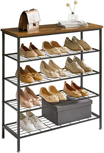 YMYNY Industrial Shoe Rack, 5-Tiers Shoe Organizer for 12-16 Pairs of Shoes, for Entryway, Living Room, Hallway, Closet, 80x30x89 cm, Metal Frame, Easy Assembly, Rustic Brown, TXJ005H