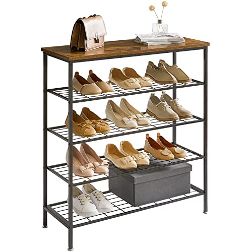 YMYNY Zapatero de 5 Niveles, Zapatero de Almacenamiento, Organizador de Zapatos con 4 Estantes de Malla Metálica, para Entrada, Pasillo, Armario, Dormitorio, Marrón Rústico HD-HTXJ005H Cover