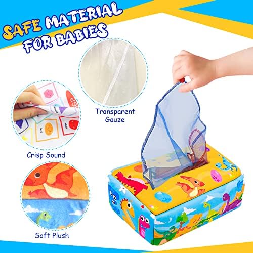 WanderGo Baby Tissue Box Toy, Dinosaur Tissue Box Toy Soft Montessori Sensory Toys with Colorful Square Scarves High Contrast Crinkle Early Learning Toys for Babies 6-12 Months
