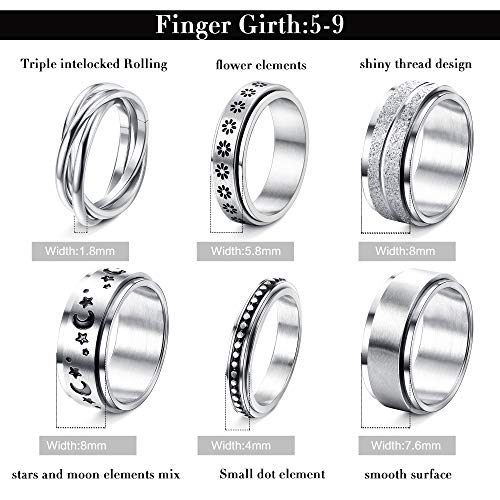 Loyallook 6Pcs Stainless Steel Spinner Rings For Women Mens Triple Interlocked Rolling Flower Moon Star Stress Relieving Meditation Rings Sand Blast Finish Wedding Promise Fidget Band Rings #TOP4