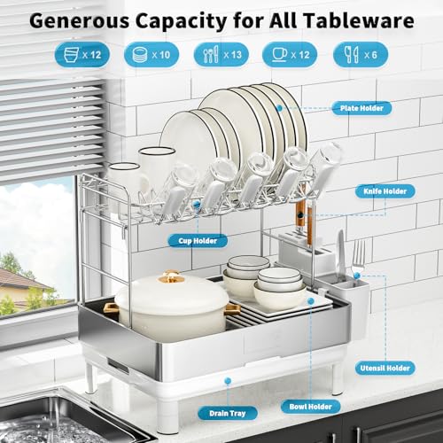 Image of Ewaiira Large Dish Drying Rack, 304 Stainless Steel Dish Racks for Kitchen Counter, 2 Tier Raw White
