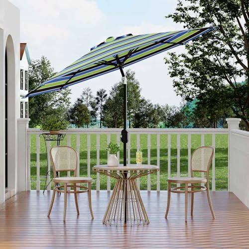 9Ft Patio Umbrella - 8 Sturdy Ribs Outdoor Table Umbrella with Crank Lift & Push Button Tilt - Market Umbrella for Pool, Deck, Yard, Garden - Tricolor Stripe