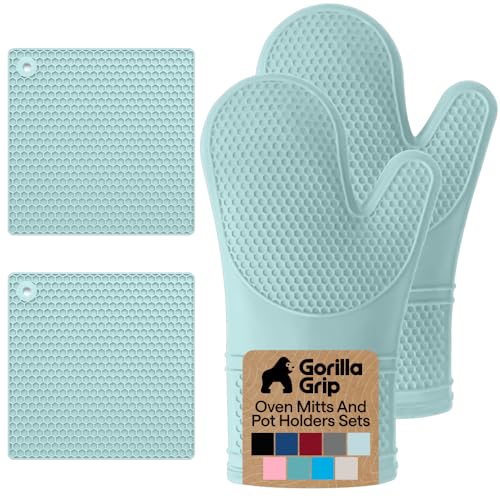 Image of GORILLA GRIP BPA-Free Soft Silicone Oven Mitts and Pot Holders Sets of 4, Heat Resistant Waterproof Cooking Gloves, Thick Cotton Lining, Flexible Gripping for Baking Grilling, Kitchen Trivets, Mint