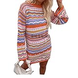 Rainbow Striped Long Sleeve Loose Crochet Striped Hollow Out Mini Casual Sweater Dress Women Sweater Dress (XL, Orange)