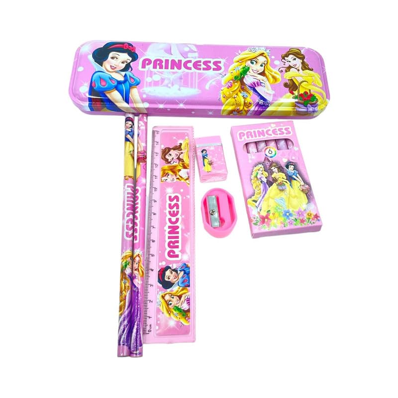 Image of Princess Stationary Kit with 1 Pencil Box Case 2 Pencils 6 Crayon Colors 2 Space Gel Pen 1 Ruler Scale Eraser Sharpener Kit for Kids (Character As Per Available)