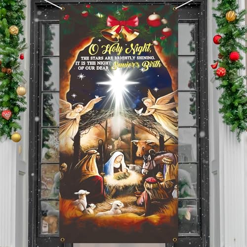 Christmas Door Cover Decorations,Jesus Nativity Scene Christmas Fabric Door Decoration Porch Sign...