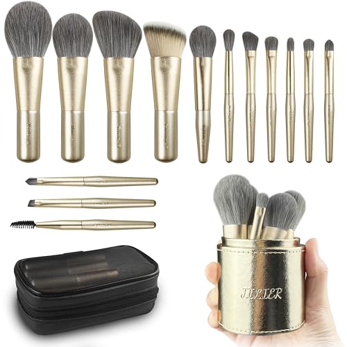 Meet You Travel Mini Juego de brochas de maquillaje, 14 unidades Premium sintéticas, pinceles de maquillaje en tamaño de viaje y bolsa de cosméticos, perfecto para viajes y viajes, mango de madera,