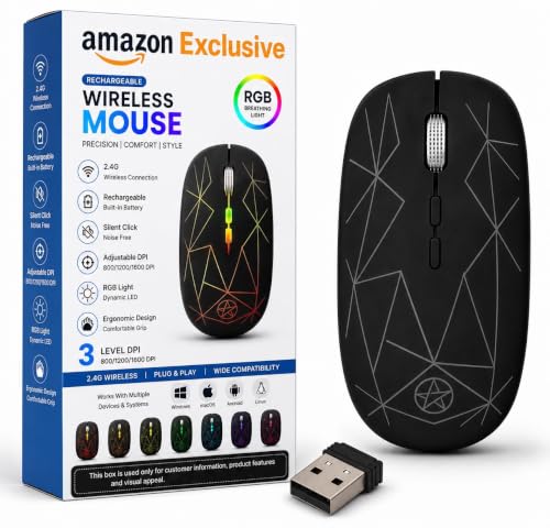 Image of Afaartcci Rechargeable Wireless Mouse 2.4GHz USB Optical Mouse with RGB Breathing LED Light, Silent Click, 3 Adjustable DPI 800 /1200 /1600, Micro USB Charging, Ergonomic Mouse for Laptop PC Desktop
