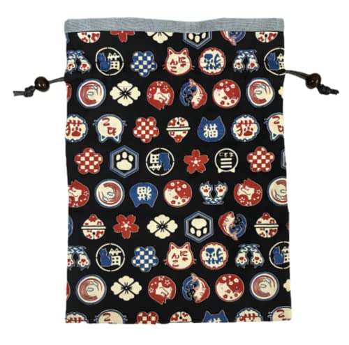 Drawstring bag fully lined with Japanese Pattern Black/X Cat Pattern Light Blue Handmade Made in Japan2