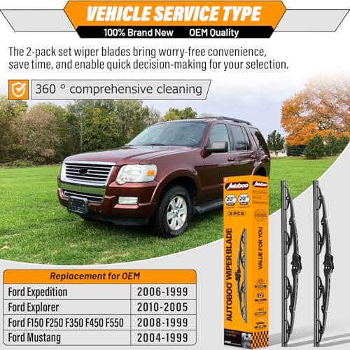 Image of AUTOBOO Windshield Wiper Blade Replacement for Ford F-150 Expedition | Fits F150-F550 1999-2008, Expedition 1999-2006, Explorer 2005-2010, Mustang 1999-2004, 20 inch+20 inch, 2-pack