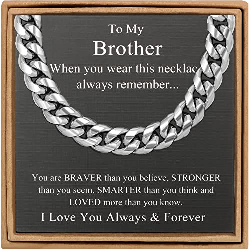 Image of JoycuFF Gifts for Brother for Birthday Cuban Chain Necklace Father's Day from Brother Sister Men Silver 10MM 18 Inches Stainless Steel Chain Simple Hip Hop Jewelry Men