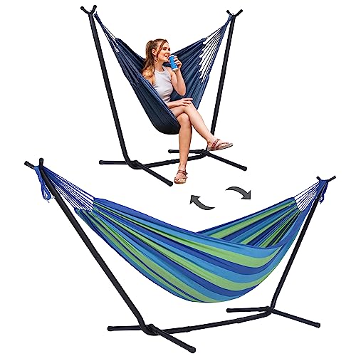 SUNCREAT 2-in-1 Hammocks Hammock Chair with Stand, 475 lbs Capacity, Heavy Duty Two Person Hammock with Stand, Patent Pending, Blue Stripe