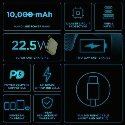 Image of URBN 10000 mAh Nano Link Power Bank with in-Built USB-C Cable| 22.5W Fast Charging | Type C PD (Input& Output) | Made in India | Two Way Fast Charge | for iPhone, Android & More (Camo)