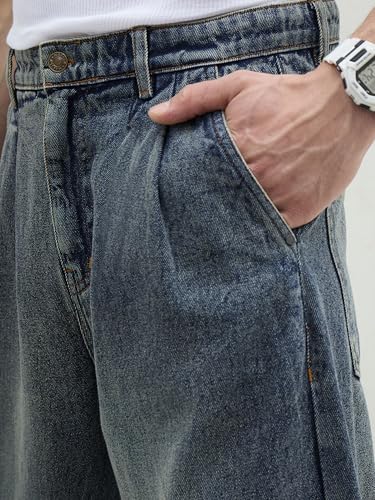 Image of MASCLN SASSAFRAS Blue Washed Front Dart Wide Leg Jeans