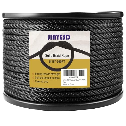 Black Solid Braid Rope 5/16 Inch 300 FT,Heavy Duty Industrial Grade Polyester Solid Braided Cord, High UV and Abrasion Resistance, Multi-Purpose for Outdoor