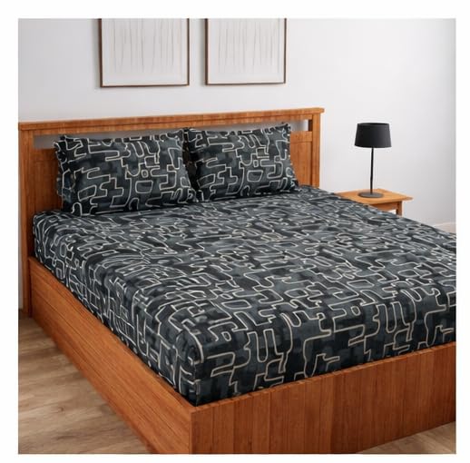 Image of Jashan Super Soft Glace Cotton Fabric 300 TC All Around Elastic Fitted Elegent Design King Size Double Bed Bedsheet with 2 Pillow Covers Fits Upto Mattress of 10 Inche,Size-72 x 78 x 10 Inche-Black