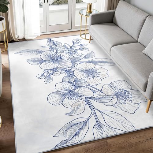 Alfombra de dormitorio 60x90 lavable con diseño botánico blanco 2