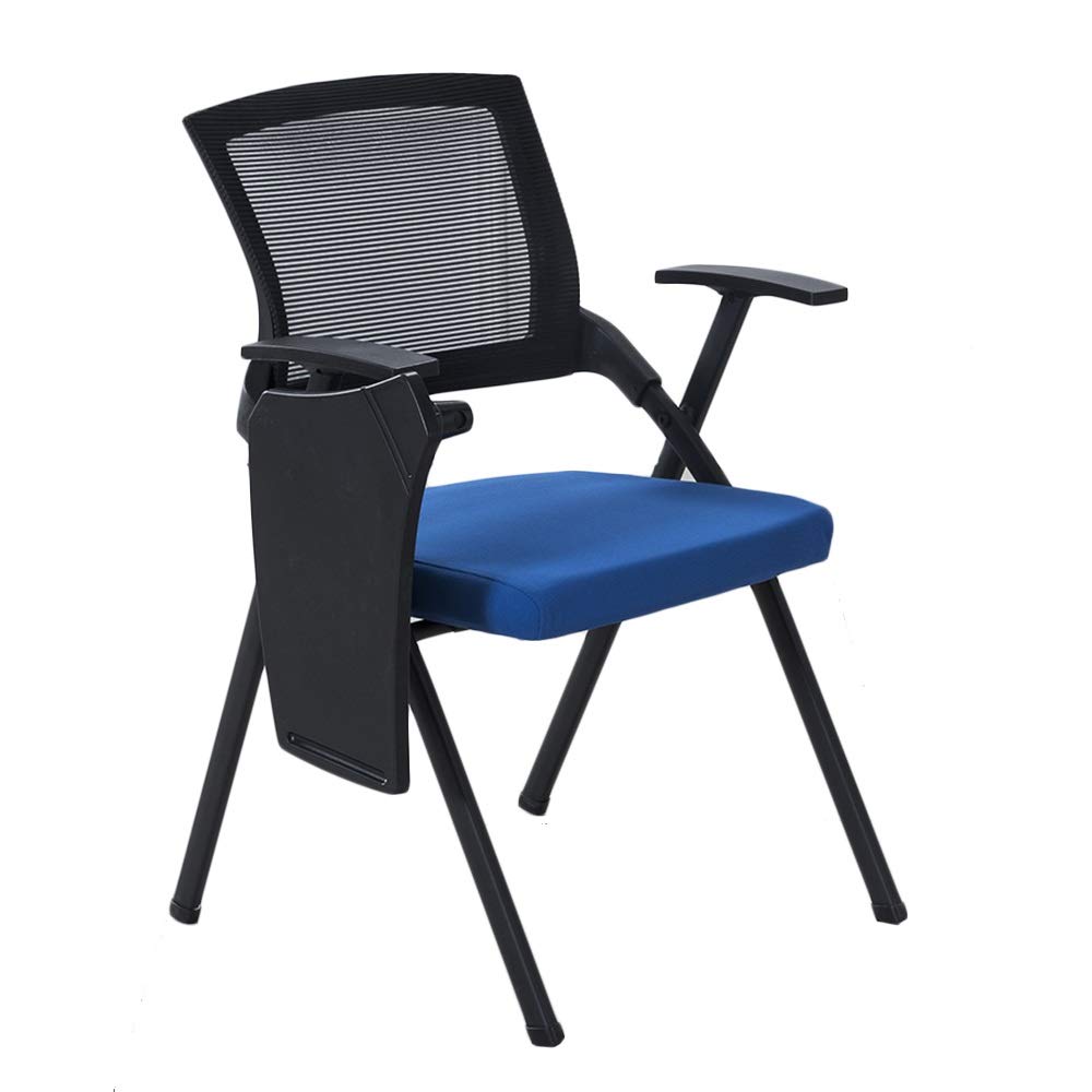 Chaise pliante bureau de la formation BBGS avec tablette noire et assise bleue en maille