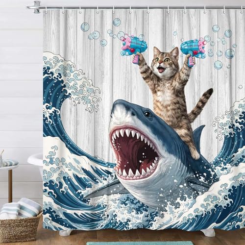 Image of Funny Cat Shower Curtain, Fun Cat Riding Hilarious Shark Surfing Ocean Waves Shower Curtains for Bathroom Whale Cool Blue Bath Curtain Waterproof Fabric with 12 Hooks 72x72 Inch