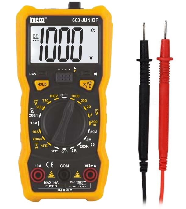 Hty Meco-603 Junior 3½ Digital Multimeter With Holster + Magnet,Backlight,Torch Light,NCV (LED,Buzzer & EF Strenght),Hfe(Transistor Test),Diode Test,Audible Continuity,Data Hold And APO Functions