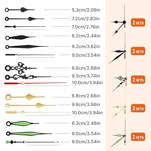 AYHYHLJZJ 10 Sätze Wanduhrzeiger Kit für kleine und große Uhr, 5 verschiedenen Designs- Ersatz-Metall-Uhrzeiger für Quarz-Uhrwerk, Kurze Uhrzeiger, Lange Schlosszeiger, für DIY Reparatur Ersatz