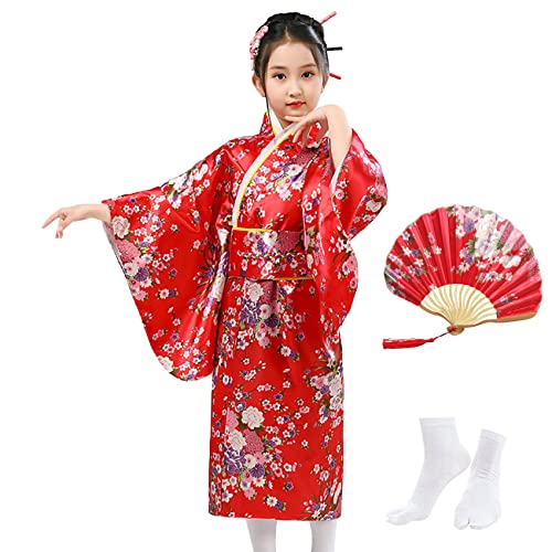 KRUIHAN Kimono Japonés Niña en Satén con Abanico y Calcetines Tabi, Disfraz Yukata Floral para Carnaval, Halloween, Recital Escolar y Fiesta Temática, Rojo, Talla 130, Estilo A