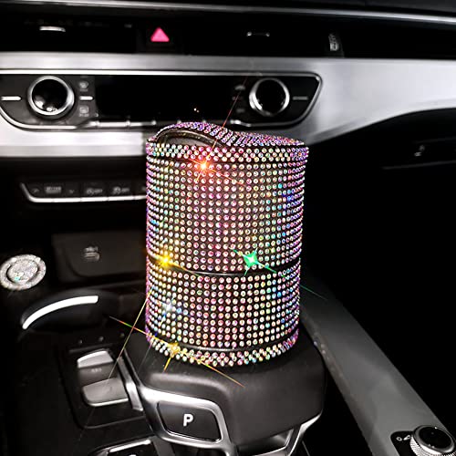 Image of ikasus Bling Crystal Car Ashtray Cigarettes with White Rhinestones Auto Vehicle Air Vent Multifunctional Ash Holder Container with Blue LED Light for Women Car Trash Can