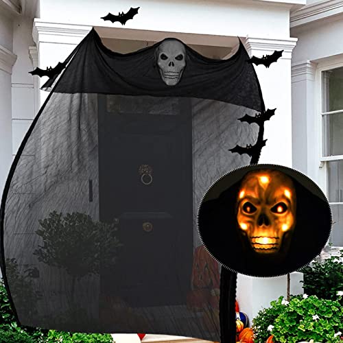 Halloween Outdoor Indoor Door Decorations-Automated Full Head Scary Skull Mask with Glowing Eyes and Creepy Screaming Sound,Glowing Skeleton Ghost Decor for Halloween Coffin Party,1 PCS