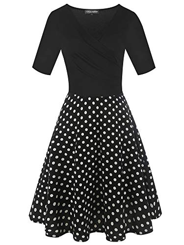 Oxiuly Women's Vintage Criss-Cross V-Neck Half Sleeve Polka Dot Party Cocktail Knee-Length Casual Dress Ox233 (L, Bk-Dot 5) #TOP1
