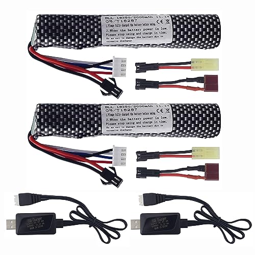 PUOO 2PCS 3S 11.1V 2000mAh Li-ion Battery with SM-2P Plug Connector Whith Adapter and USB Charging Cable, Suitable for Airsoft Gel Water Droplet Blaster Air Gun Gel Ball Shock Wave Spare Battery