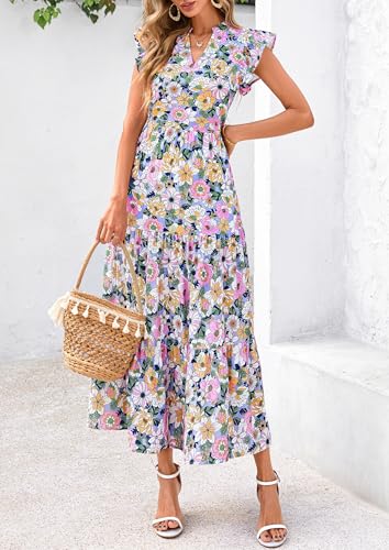 Image of PRETTYGARDEN Women's 2026 Summer Floral Midi Dress Cap Sleeve V Neck Ruffle Long Flowy Boho Casual Beach Vacation Dresses